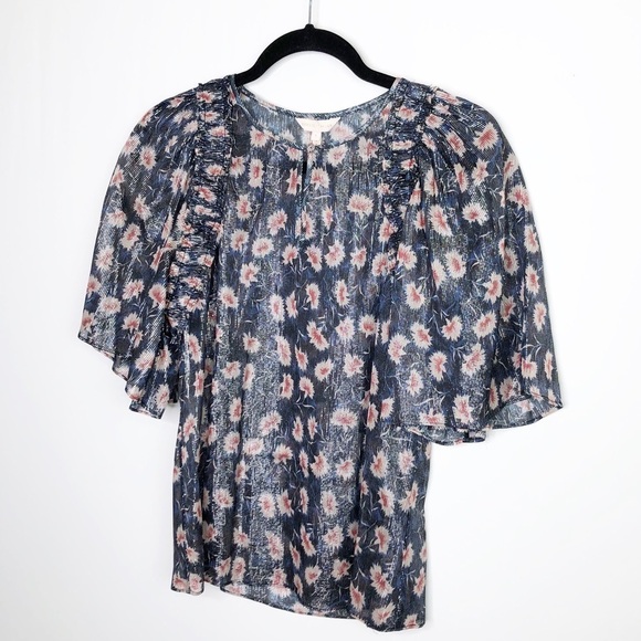 REBECCA Taylor navy blue floral sheer shimmer blouse - Picture 7 of 9